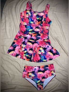 🌺Women’s XL Kate Kasin Floral Swim Bikini Dress Adjustable Straps